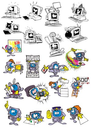 Set of Cartoon Computer Characters Showing Various Emotions and Actions Free Vector