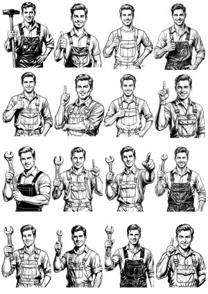 Handyman and Mechanic Poses with Tools Vector Set Free Vector