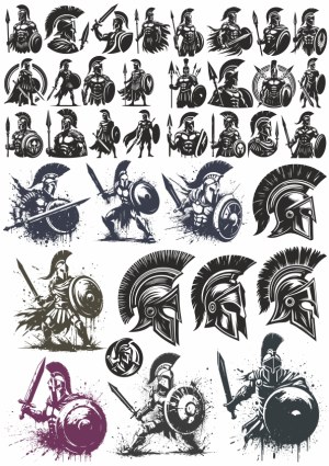Set of Spartan Warrior Silhouettes and Helm Vectors Free Vector