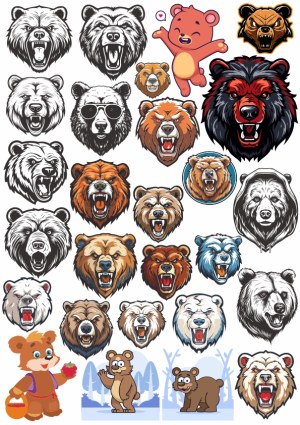 Collection of Bear Head Illustrations and Cartoon Bear Characters Free Vector