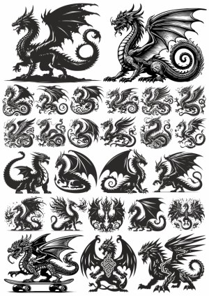 Collection of Black Dragon Silhouettes and Detailed Vector Designs Free Vector