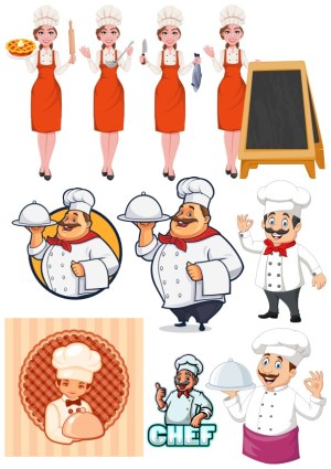 Vector Illustrations of Female and Male Chefs with Culinary Items and Signs Free Vector