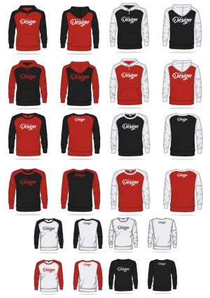 Vector Set of Red, Black, and White Hooded and Crew Sweatshirt Mockups Free Vector
