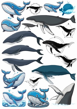 Collection of Stylized Blue Whale Illustrations and Silhouettes Free Vector