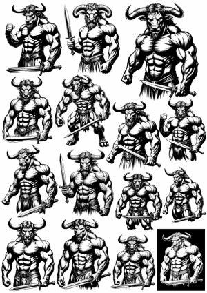 Muscular Minotaur Warrior Illustrations with Swords Free Vector