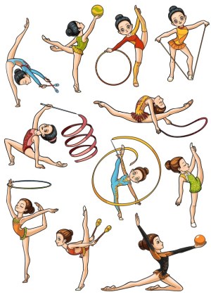 Set of Illustrated Rhythmic Gymnastics Poses with Ribbon, Ball, Hoop, and Clubs Free Vector