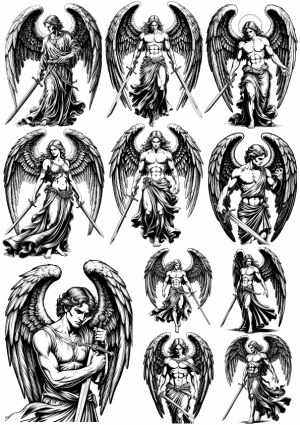 Set of Black and White Angel Warriors with Swords Vector Illustrations Free Vector