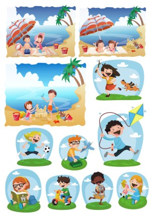 Children Playing at the Beach and Outdoors Vector Set Free Vector