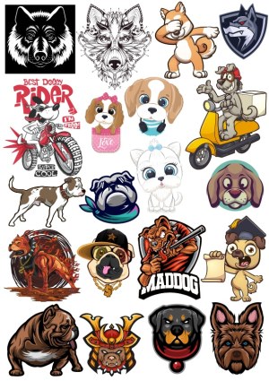 Collection of Various Dog-Themed Cartoon and Graphic Vector Illustrations Free Vector