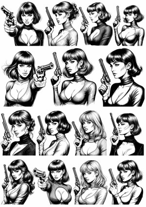 Black and White Vector Illustrations of Women Holding Pistols Free Vector