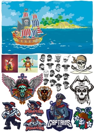 Pirate Theme Vector Collection with Ships, Skulls, and Characters Free Vector