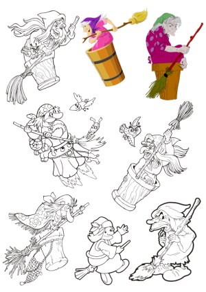 Collection of Witch Characters Flying on Brooms and Buckets Free Vector