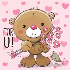 Cute Teddy Bear Holding Flowers with Love Hearts and Bird Free Vector