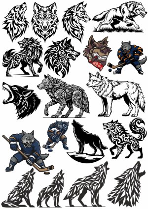 Collection of Stylized Wolf and Hockey Wolf Vector Designs Free Vector