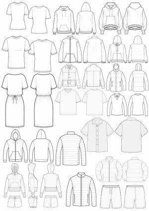 Clothing Outline Vector Set Featuring T-Shirts, Hoodies, Jackets, Dresses, and Shorts Free Vector