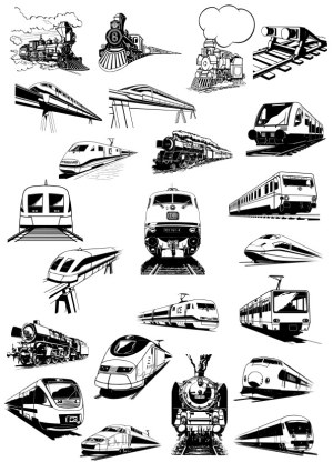 Collection of Various Stylized Train and Locomotive Vector Illustrations Free Vector