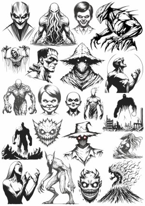 Collection of Black and White Horror and Monster Vector Illustrations Free Vector