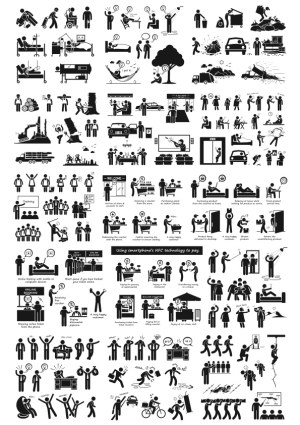 Detailed Black and White Silhouette Icons Illustrating Everyday Activities and Payment Processes Free Vector