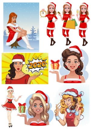 Christmas Women Characters in Festive Outfits with Gifts and Holiday Symbols Free Vector