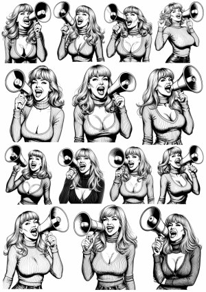 Black and White Vintage Woman with Megaphone Vector Illustrations Free Vector