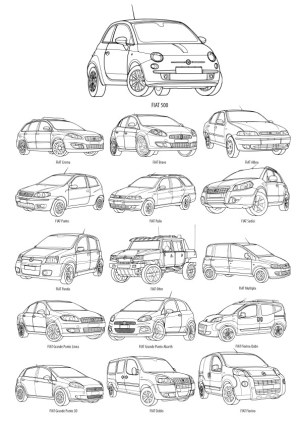 Detailed Line Art of Various Fiat Car Models Free Vector
