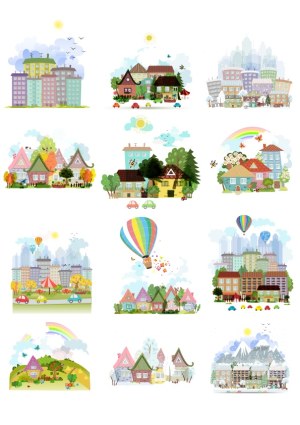 Collection of Colorful Vector City and Countryside Scenes with Hot Air Balloons and Rainbows Free Vector