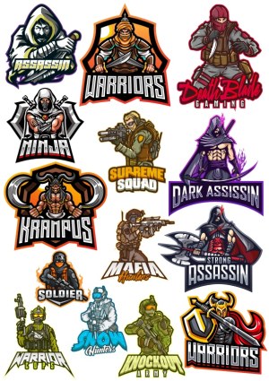 Set of 14 Gamer and Warrior Mascot Logos with Assassins, Soldiers, and Mythical Creatures Free Vector