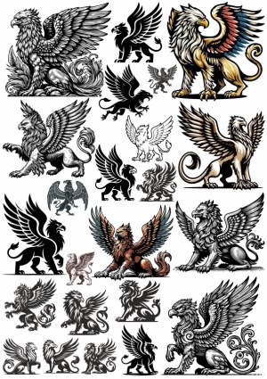 Collection of Detailed Griffin and Winged Lion Vector Illustrations Free Vector