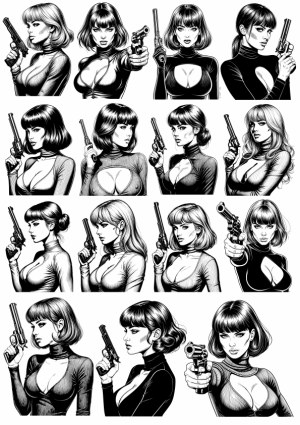Black and White Vector Illustrations of Women Holding Guns in Various Poses Free Vector