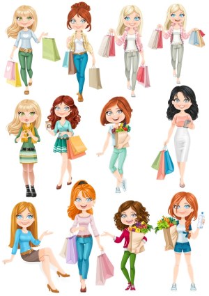 Set of Cartoon Girls Shopping and Holding Groceries Free Vector