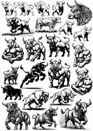 Collection of Black and White Bull and Buffalo Vector Illustrations Free Vector