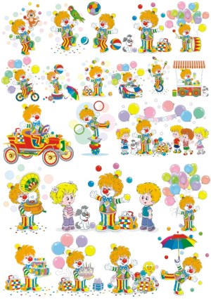 Colorful Cartoon Clown Characters and Children with Balloons and Party Elements Free Vector