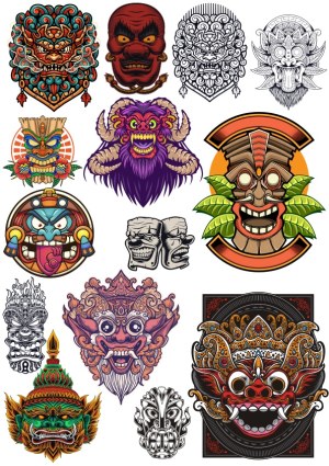Colorful and Detailed Tribal and Mythical Masks Collection Free Vector