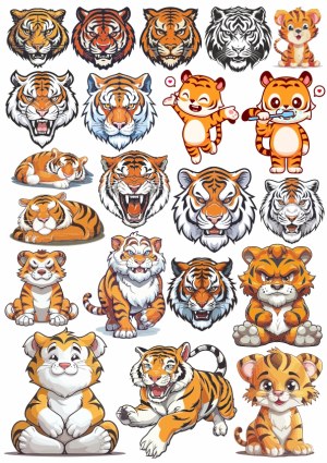 Collection of Tiger Head and Full Body Cartoon and Realistic Vector Illustrations Free Vector