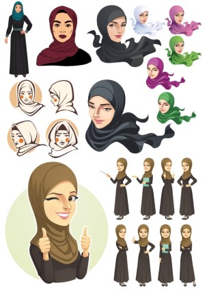Vector Set of Muslim Women Wearing Hijabs in Various Poses and Expressions Free Vector