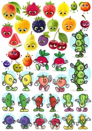 Cute Cartoon Fruits and Vegetables Characters Set Free Vector