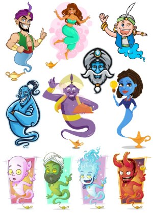 Cartoon Genie Characters with Magic Lamps Free Vector