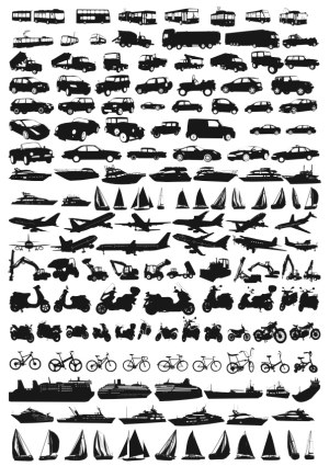 Black Silhouettes of Various Vehicles and Transportation Modes Free Vector