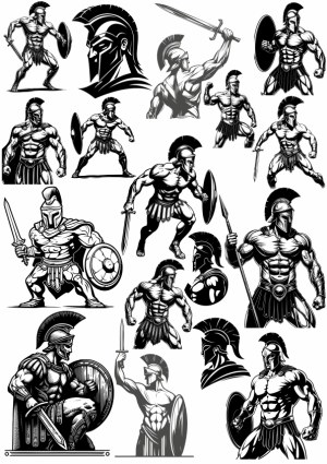 Set of Spartan Warrior Vector Illustrations Free Vector