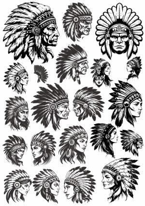 Native American Chief and Woman Feather Headdress Vector Pack Free Vector