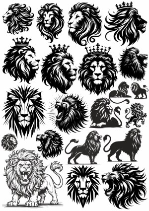 Collection of Stylized Black and White Vector Lion Heads and Silhouettes Free Vector