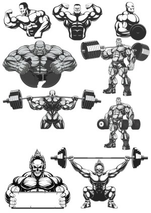 Muscular Bodybuilder Illustrations with Weights and Skull Character Free Vector