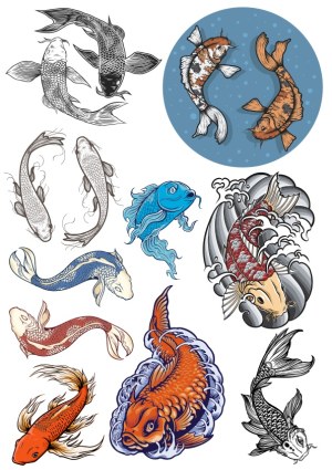 Colorful and Monochrome Koi Fish Vector Illustrations Free Vector