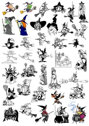 Assorted Witch Characters and Halloween Vector Illustrations Free Vector
