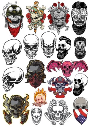 Collection of Diverse Skull Vector Illustrations with Various Themes Free Vector