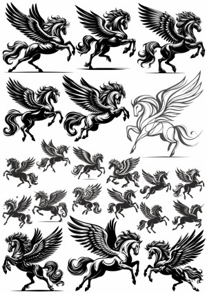 Collection of Winged Horses and Pegasus Silhouettes and Line Art Free Vector