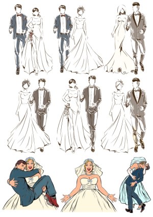 Wedding Couples Fashion Sketches and Colorful Bride and Groom Poses Free Vector