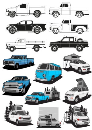 Set of Pickup Trucks and Camper Vans Vector Illustrations Free Vector