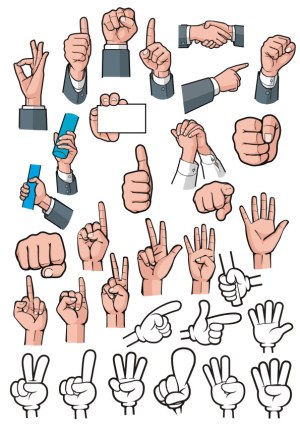 Set of Cartoon Hands Showing Various Gestures and Signs Free Vector