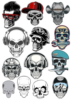 Collection of Detailed Skull Vector Illustrations with Various Helmets and Accessories Free Vector